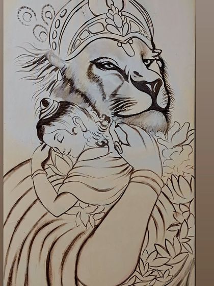 The initial sketch and line work for the Narsimha Prahlad devotional painting. This is where the composition is born, outlining the powerful yet gentle embrace that defines the entire piece.