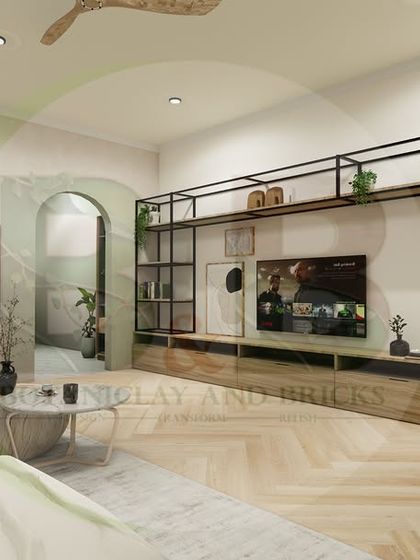 Another perspective of the living room, highlighting the interplay of textures and natural elements. The arched doorways add a soft, architectural detail that enhances the room's unique character.