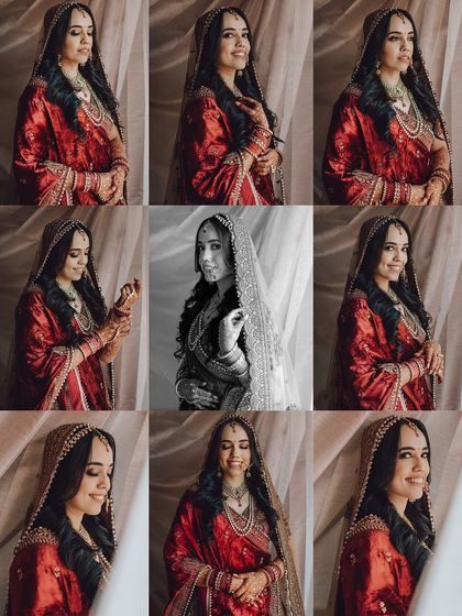 A nine-grid collage of a bride in a traditional red outfit, showing a range of expressions from serene to smiling.