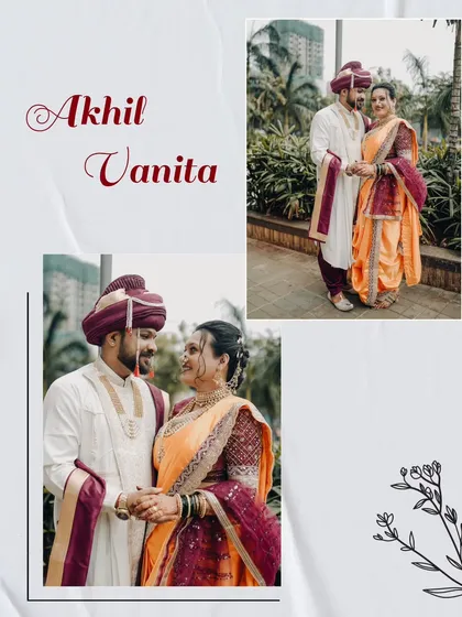 A lovely collage showcasing the couple outdoors. These portraits capture their natural interaction and the elegance of their coordinated Maharashtrian wedding outfits.