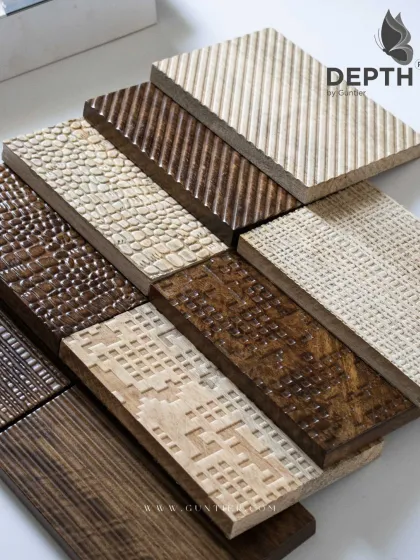 A beautiful assortment of my 'Depth' by Guntier veneer samples. This image shows the variety of patterns available, including pixelated, leather, and diagonal textures.