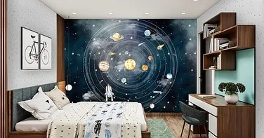Blast off into outer space with this solar system mural. It's a fantastic design for an aspiring astronaut, featuring planets, stars, and a rocket ship to inspire cosmic dreams.