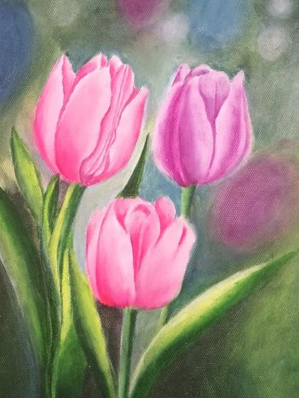 An oil painting of pink tulips on canvas. The soft, out-of-focus background helps to make the flowers the main subject of the piece.