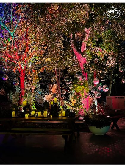 Another angle of the enchanted forest effect, where I mixed candlelight with multi-colored uplighting on the trees for a truly dynamic and festive atmosphere.
