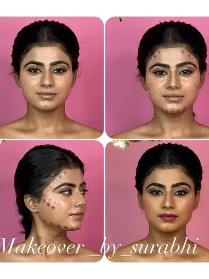 This four-panel image shows the 'underpainting' technique. You can see how I apply contour and concealer under the foundation to create a naturally sculpted look without it feeling heavy.