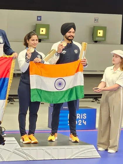 A moment of immense national pride. My students Manu Bhaker and Sarabjot Singh on the podium at the Paris 2024 Olympics, holding the Indian flag after winning the bronze medal. This is the result of years of relentless effort and world class preparation.