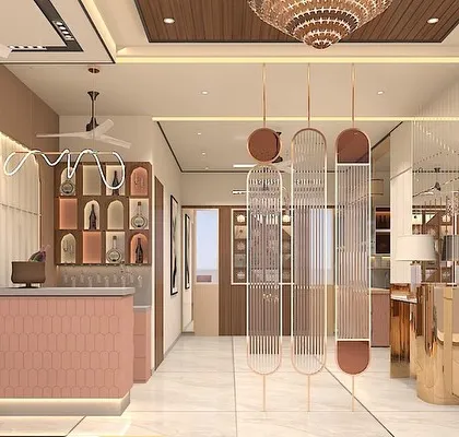 This is a 3D concept design for an upcoming bungalow project. It shows our vision for an open-plan living and dining area with a modern bar, using a palette of soft pinks and warm neutrals.
