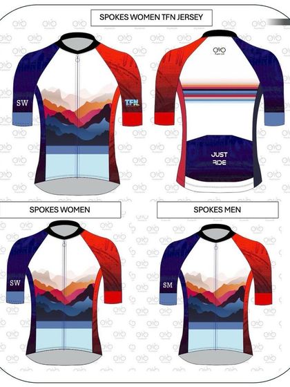 An overview of the complete 2024 jersey collection. This graphic showcases the standard Spokes Women and Spokes Men versions, alongside the special Tour of Nilgiris (TFN) edition with its unique back design.