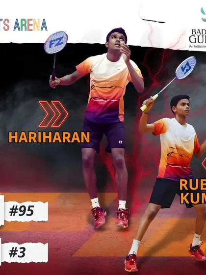 A graphic celebrating Hariharan and Ruban Kumar from Rak's Sports Arena for entering the BWF Top 100 Men's Doubles rankings.