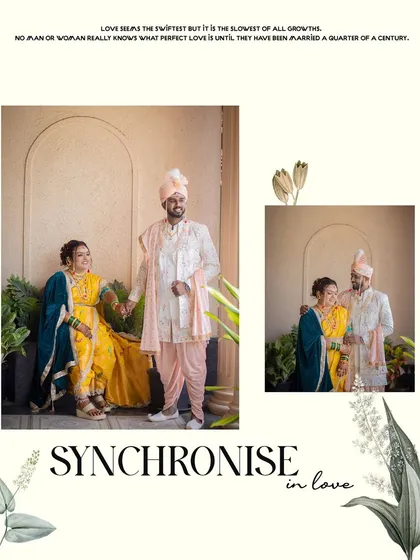 A smiling couple, with the bride in a yellow Nauvari, sharing a happy moment during their Maharashtrian wedding celebrations.
