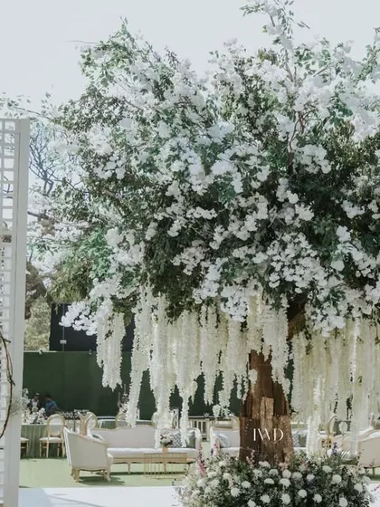 We built this magnificent 'Tree of Life' as a central decor piece for a daytime event. Covered in thousands of white blossoms, it served as a beautiful and symbolic backdrop.