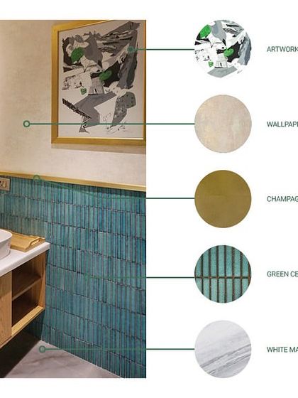 The material palette for the bathrooms in 'The Reserved Lounges'. This board specifies the green ceramic tiles, neutral wallpaper, and champagne gold metal accents used to create a unique and fresh design.