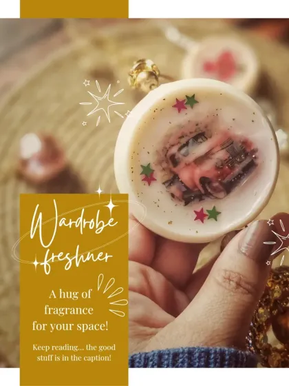 A hug of fragrance for your space! My handcrafted aromatic Wardrobe Fresheners can be hung in your wardrobe, placed in drawers, or kept by your bedside for a soothing aroma that lingers.