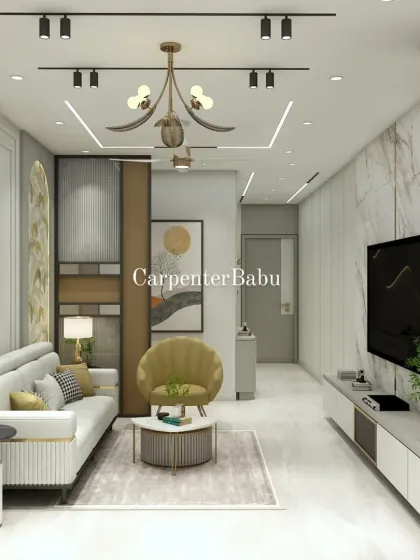 A long view of a living room, showing how track lights and a mix of textures on the walls can create a sophisticated, gallery-like atmosphere.