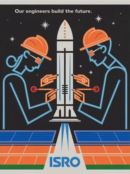 An ISRO poster depicting engineers building the future. The minimalist, line-art style is a nod to the design language of the 60s and 70s.