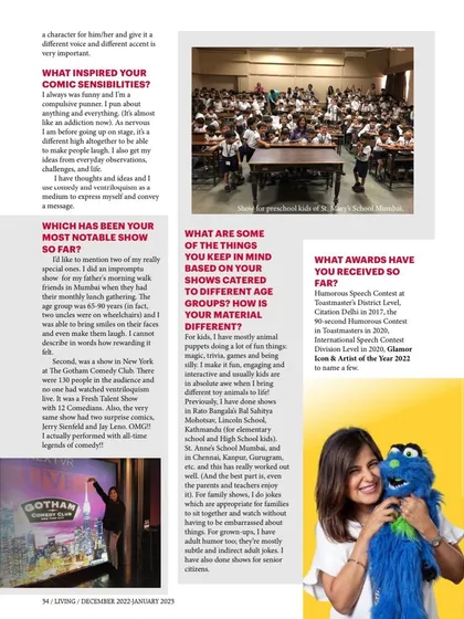 A page from my feature in ECS Living magazine. This section discusses my comedic sensibilities and some of my most notable shows, providing insight into my work for potential clients.