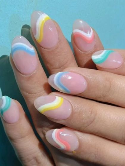 A fun and colorful abstract design with pastel waves on a nude base.