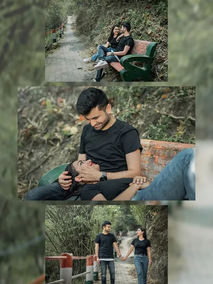 A collage of relaxed moments on a park bench. From chatting and laughing to just enjoying each other's company, these shots capture the simple, everyday comfort of being in love.