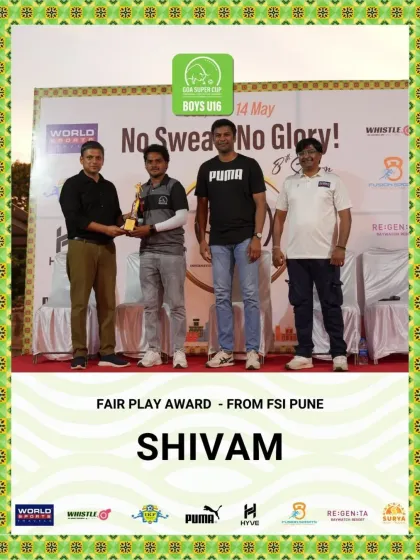 Shivam from FSI Pune receives the Fair Play award at the Goa Super Cup, embodying the sportsmanship we value.