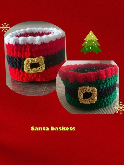 My Santa and elf themed baskets are perfect for holding Christmas goodies or as a decorative piece. The design features the classic belt and buckle, adding a fun touch.