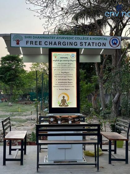 Our Smart Solar Hut installed at Shree Dhanwantry Ayurvedic College & Hospital in Chandigarh. This unit serves students and visitors, providing a connected and comfortable space with free charging and Wi-Fi in the campus grounds.