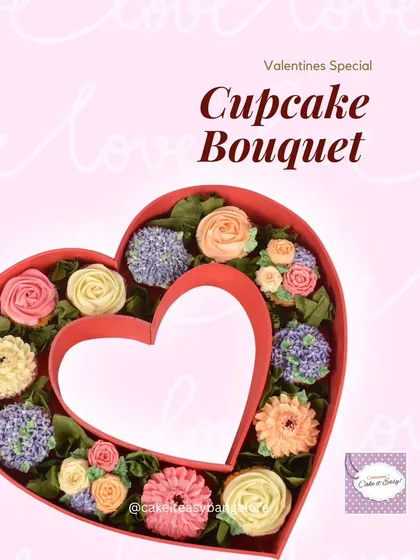 Another view of the heart-shaped cupcake bouquet.
