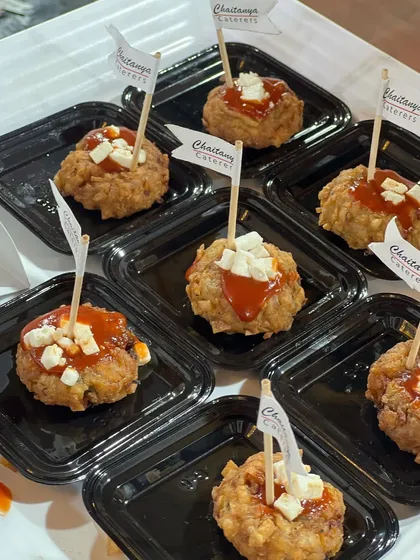 These are my Chinese Nest appetizers. They are crispy fried nests filled with a savoury mix of vegetables, topped with sauce and paneer, offering a crunchy and flavourful bite sized snack.