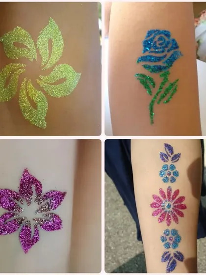 A beautiful collection of flower-themed glitter tattoos. I offer many floral designs, from simple blossoms to elegant roses, which can be created in any color.