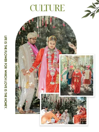 A collage showcasing the cultural richness of a wedding, from the couple's portrait to family participation in the rituals.