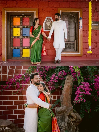 Two moments in one frame. The top shows Ankita and Shantanu in front of a traditional home with colorful doors, while the bottom captures a warm hug against a vibrant bougainvillea backdrop.