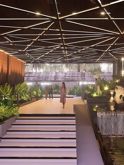 The entrance to this Sea Front Business Hotel in Mangaluru makes a grand statement. We used dramatic geometric ceiling lights, lush indoor planters, and a cascading water feature to create a luxurious and immersive arrival experience for guests.