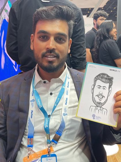 Another happy guest from the Worldline exhibition, showing how our caricatures make for great, personalized event memorabilia.