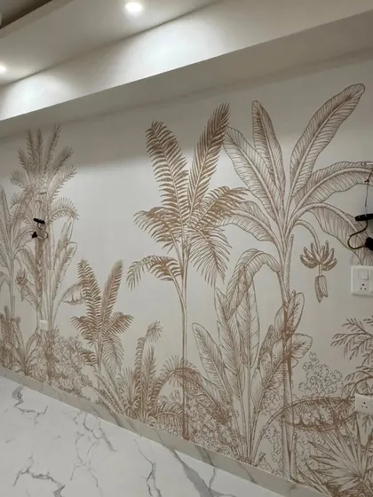 This elegant botanical wallpaper features delicate line drawings of palm trees. It's a modern and subtle way to bring a nature theme into a space, and I ensure a perfect fit around all switchboards.