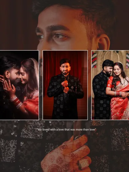 A collage capturing the magic of the reception night. It features a mix of romantic couple portraits and a stylish solo shot of the groom, telling a complete story of their celebration.