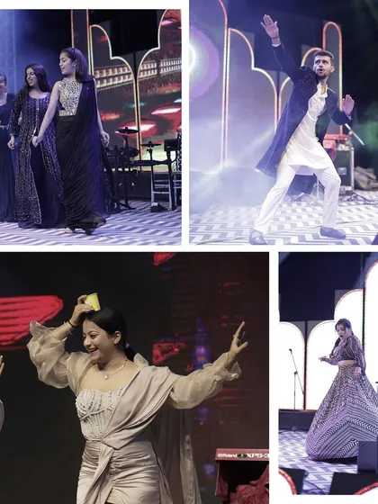 A collage of fun and energetic moments from the Sangeet dance floor. It's all about celebrating together.