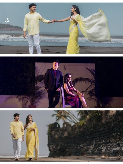 This collage shows the versatility of a beach location, from a romantic walk in traditional wear to a stylish evening look, all set against the beautiful Alibaug coastline.