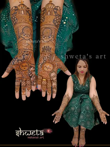 This is a full bridal mehendi without any figures. The design is built with intricate mandalas, peacock motifs, and personalized name logos for a unique and traditional look.