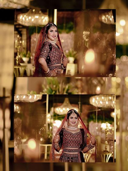 A diptych of the bride, showing her in different poses against the elegant, warmly lit venue. This highlights both the bride's beauty and the stunning ambiance of the wedding.