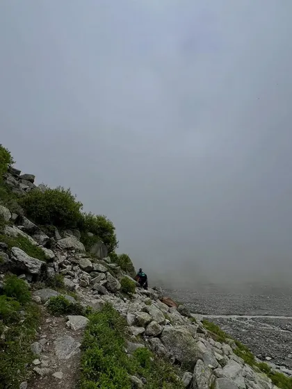On the Beas Kund trail, you'll often find yourself walking into the clouds, with the path ahead shrouded in mist and mystery.