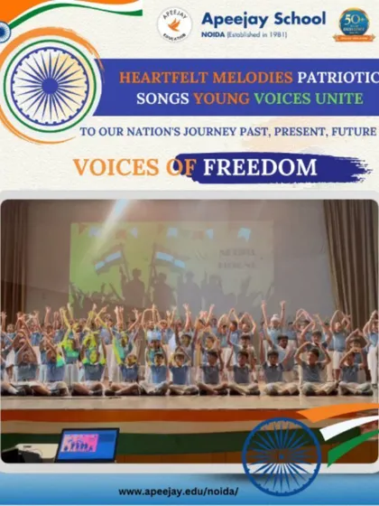 Our students celebrate the colors of freedom with every beat and note. This image captures a large group of students on stage, their voices united in a powerful patriotic performance for Independence Day.