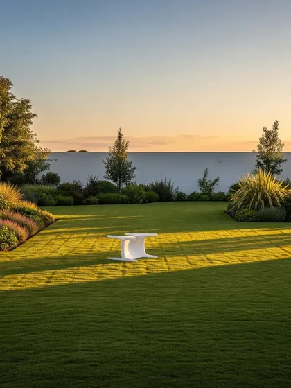 A minimalist lawn at sunset, showcasing the clean lines and open space of the garden design. The simplicity of the layout emphasizes the quality of the turf and the carefully chosen border plants.