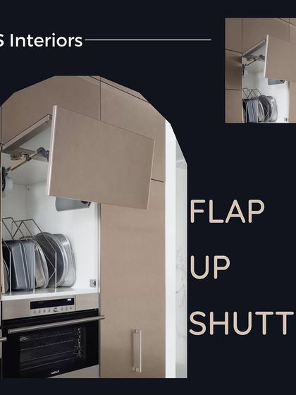An example of a flap-up shutter mechanism. This is a great solution for upper cabinets, as the door lifts up and out of the way, providing clear access to the contents inside.