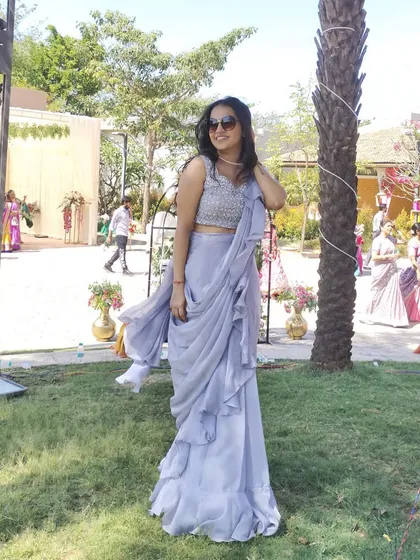 Get the timeless grace of a saree without any of the draping hassle. My ready-to-wear sarees, like this elegant lavender piece with a sequined blouse, are pre-draped for a perfect look in minutes. It’s the ideal choice for wedding guests who value both style and convenience.