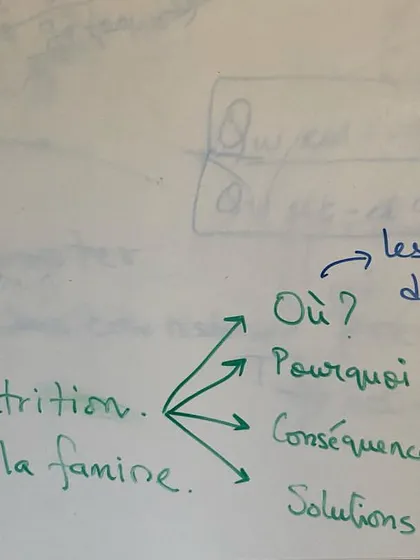 A behind-the-scenes look at the conceptualization of the exhibition. This whiteboard mind map in French outlines the key questions and themes explored, such as the causes, consequences, and solutions for malnutrition.