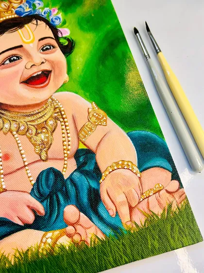 This angle highlights the sweet, laughing expression of Bal Krishna. Capturing this divine joy is what makes painting spiritual art so rewarding.