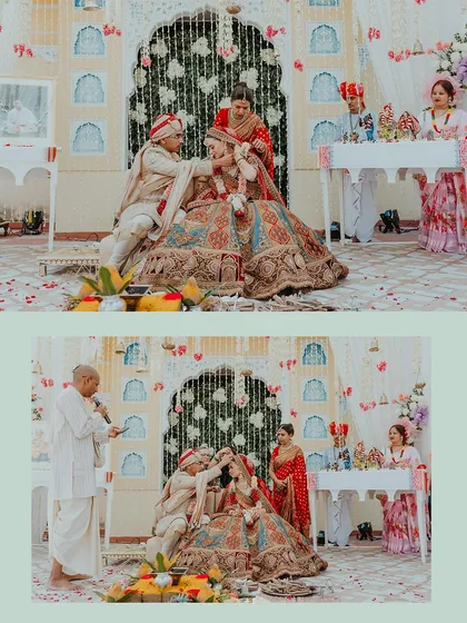 A collage of the wedding rituals, showing the couple seated at the mandap and receiving blessings.
