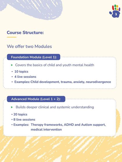 We offer two flexible learning paths in our CYMH course. This visual breaks down the Foundation and Advanced modules, explaining the topics covered in each, from the basics of child development to deeper clinical understanding of therapy frameworks and interventions.