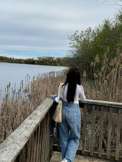 A shot from behind, looking out over Heart Lake.