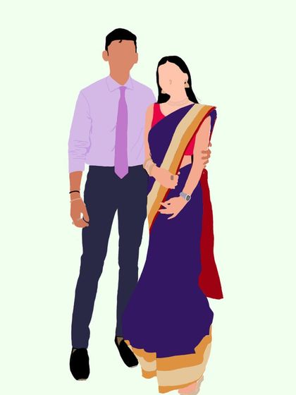A full-length faceless illustration of a couple dressed in formal and traditional attire.