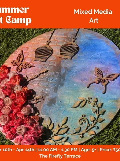 Mixed media art is a big part of our camp curriculum, as shown in this poster. We teach kids how to combine different materials and textures to create stunning, layered artwork.